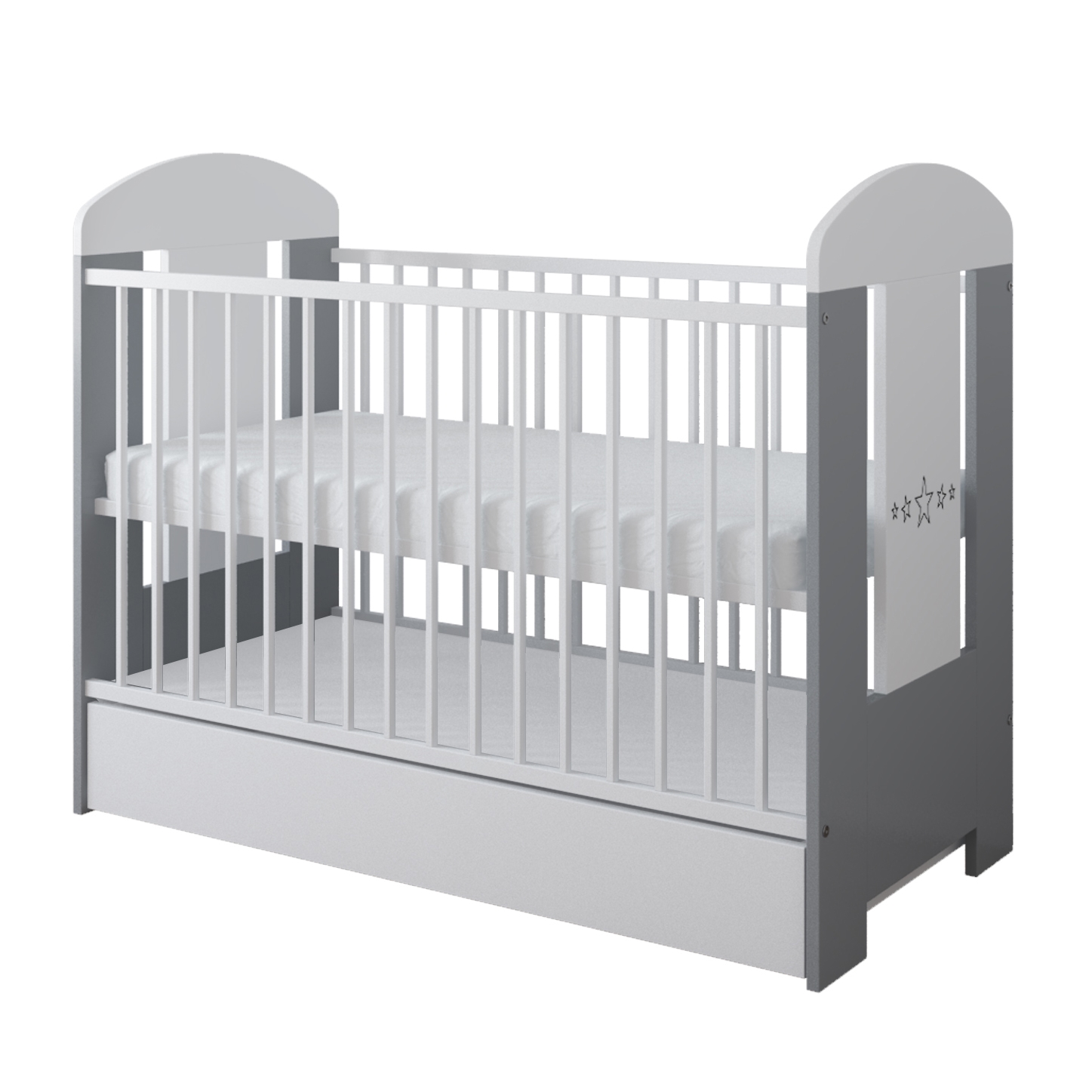 Ptilou Baby Crib 60x120cm 3 Levels (FREE mattress, Drawer) White Grey