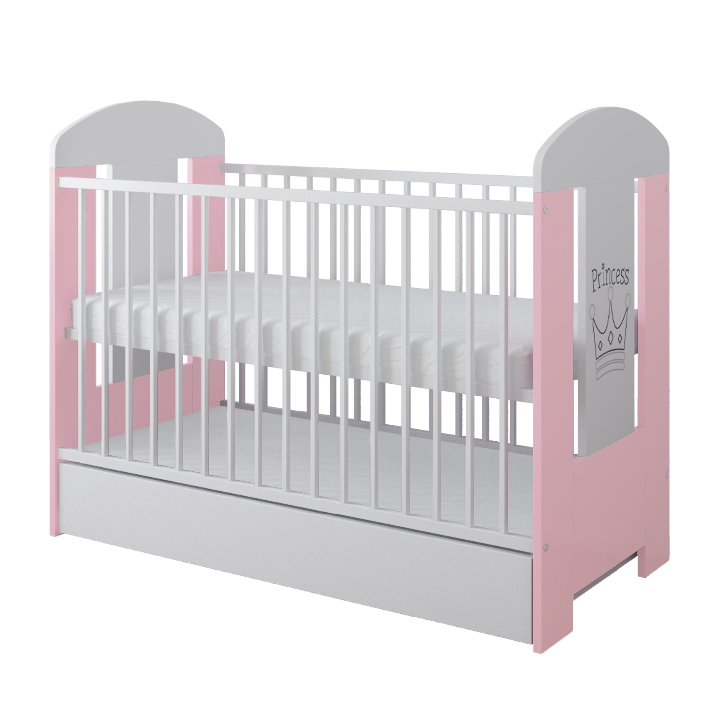 Ptilou Baby Crib 60x120cm 3 Levels (FREE mattress, Drawer) White PInk