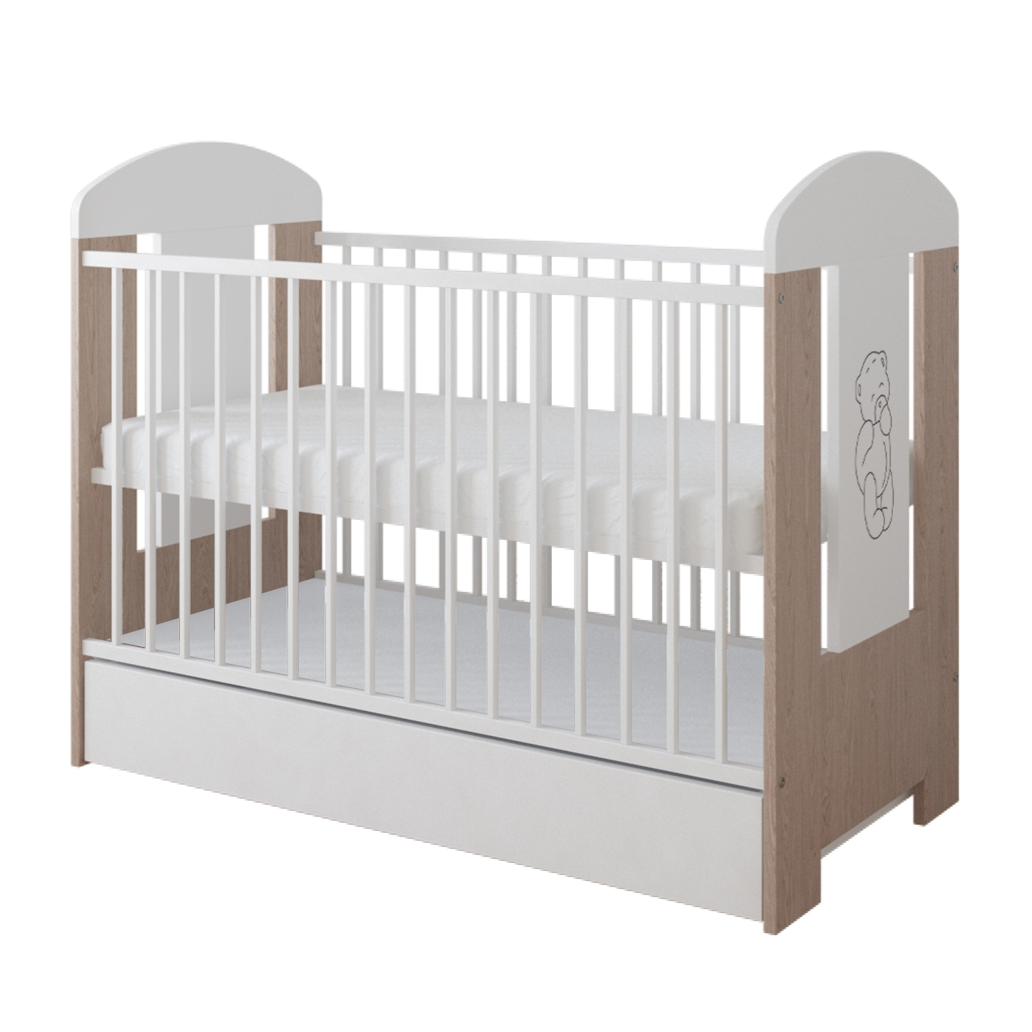 Ptilou Baby Crib 60x120cm 3 Levels (FREE mattress, Drawer) White Οακ