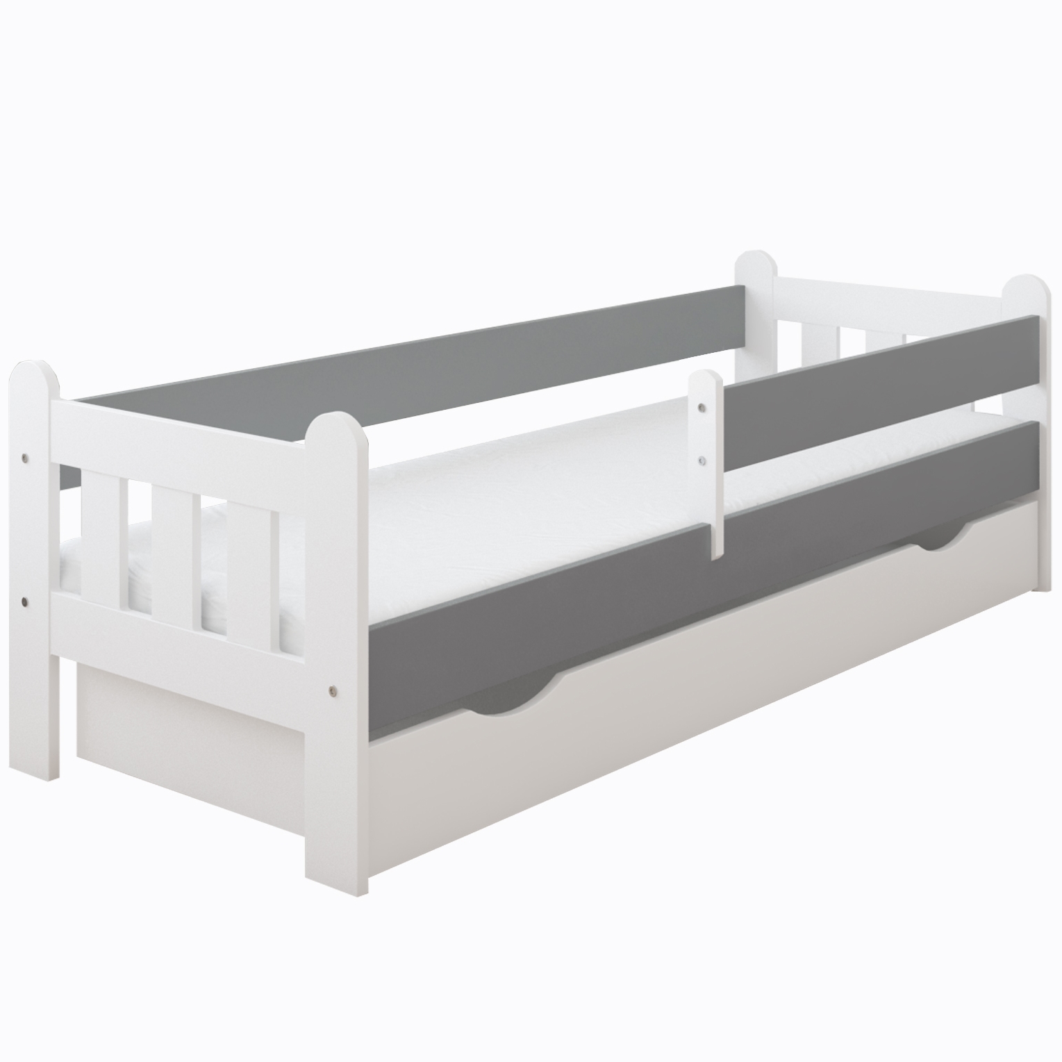 Stas Children's Bed 90x200cm with Drawer & Protective Rail White Grey