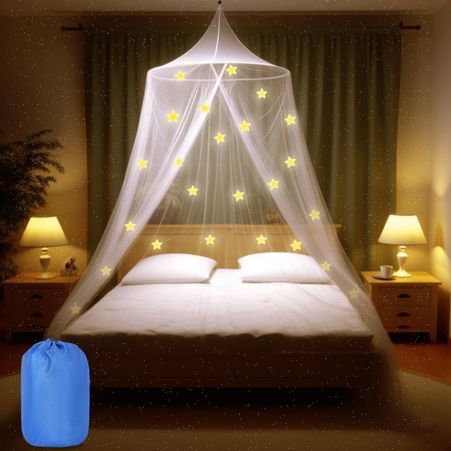 Esafio Μεγάλη Πριγκιπική Κουνουπιέρα 250 cm με φωσφορούχα Αστέρια Για Μονό & Διπλό Κρεβάτι Λευκή