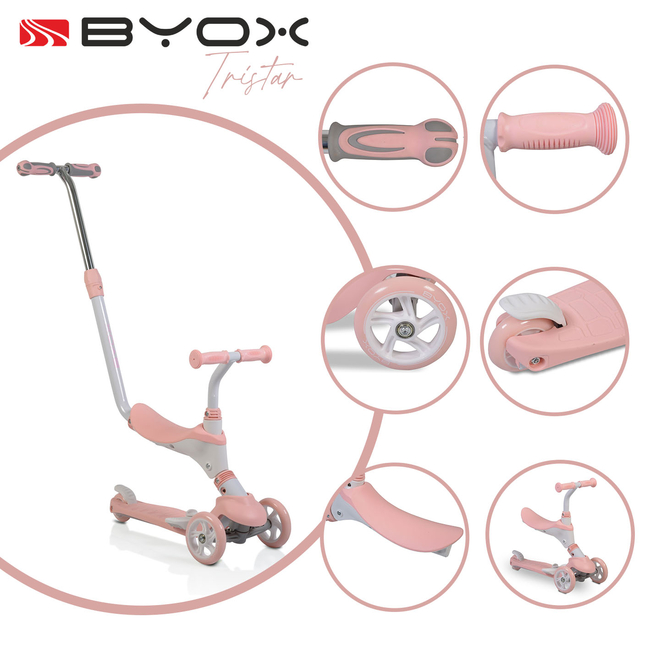 Byox Tristar 3 in 1 Μετατρεπόμενο Πατίνι με Κάθισμα & Λαβή Γονέα ροζ 3800146225469