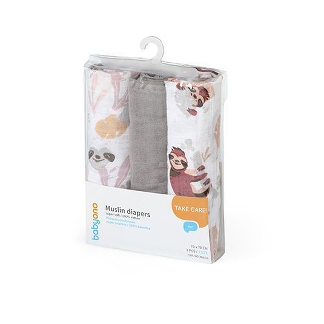 BabyOno 348/10 MUSLIN DIAPERS, 3 PCS, GRAY ONO-66974