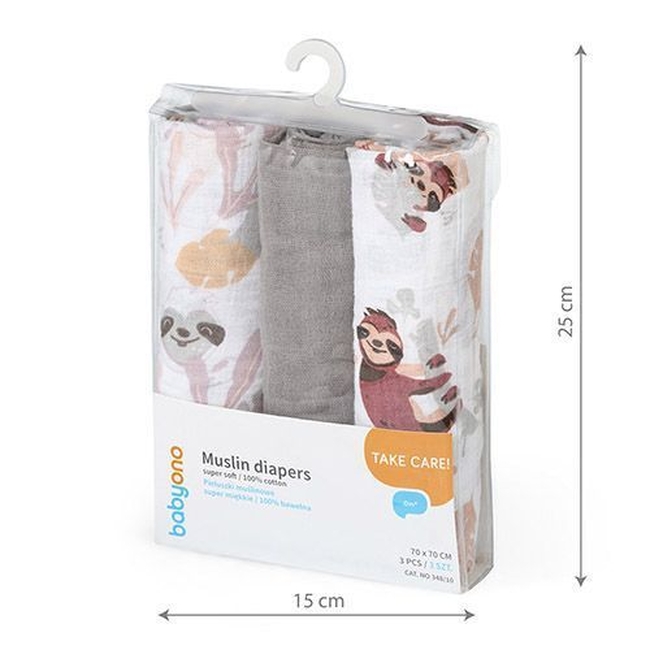 BabyOno 348/10 MUSLIN DIAPERS, 3 PCS, GRAY ONO-66974