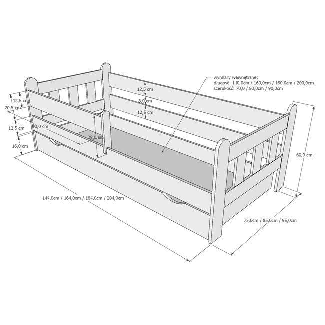 Stas Children's Bed 90x200cm with Drawer & Protective Rail White Grey