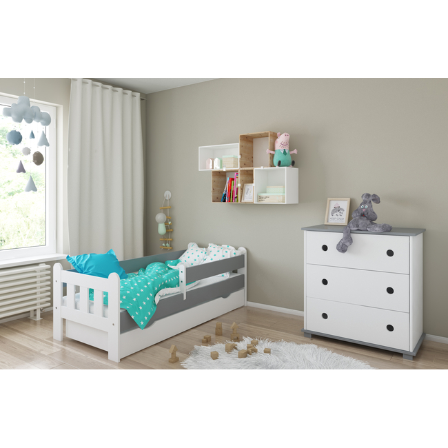 Stas Children's Bed 90x200cm with Drawer & Protective Rail White Grey